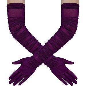 Women's Plum Stretchy Tulle Spandex Mesh Sheer Satin Long Gloves Party Prom
